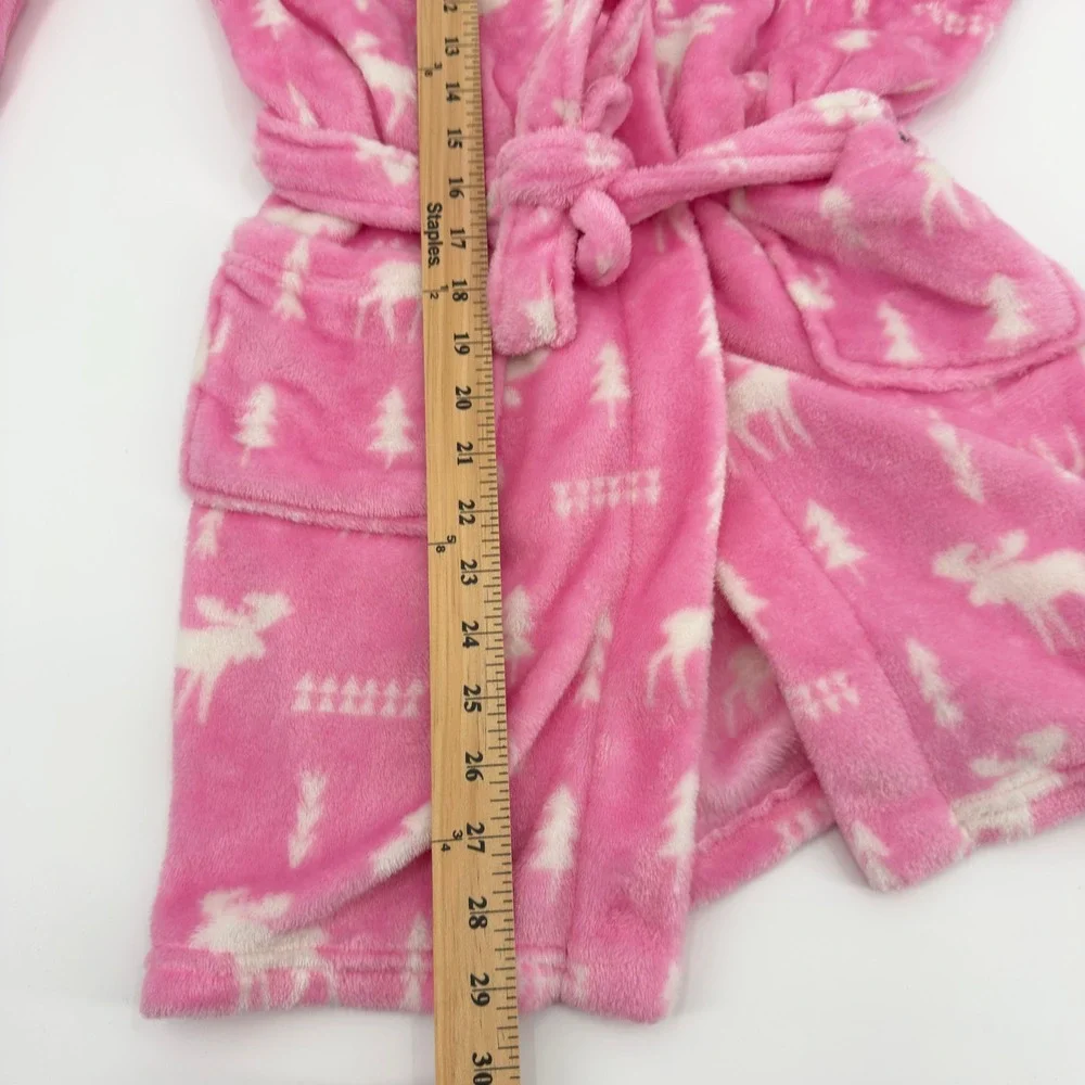 Eddie Bauer Kids Pink Moose Fleece Hooded Robe Size S 7/8 Wilderness PrintBelted